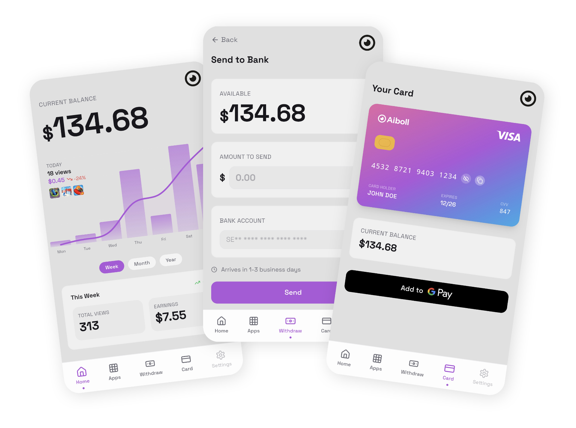 Aiboll app screens showing balance, bank withdrawal, and digital Visa card
