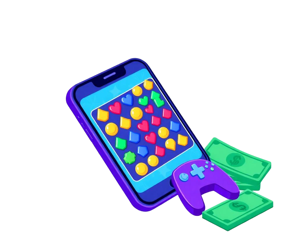 A phone playing a colourful match-3 game with a game controller, coins and cash