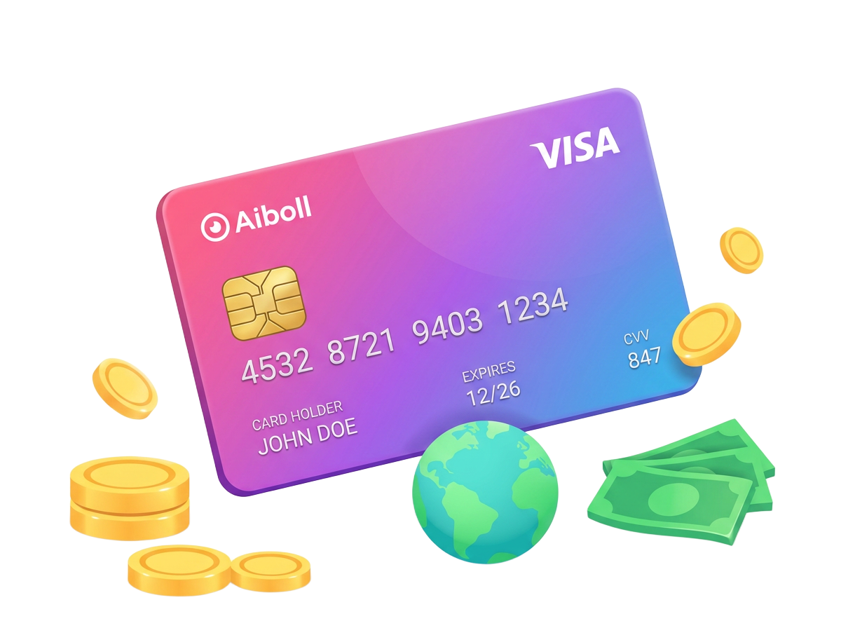 A gradient digital payment card surrounded by coins, banknotes and a globe